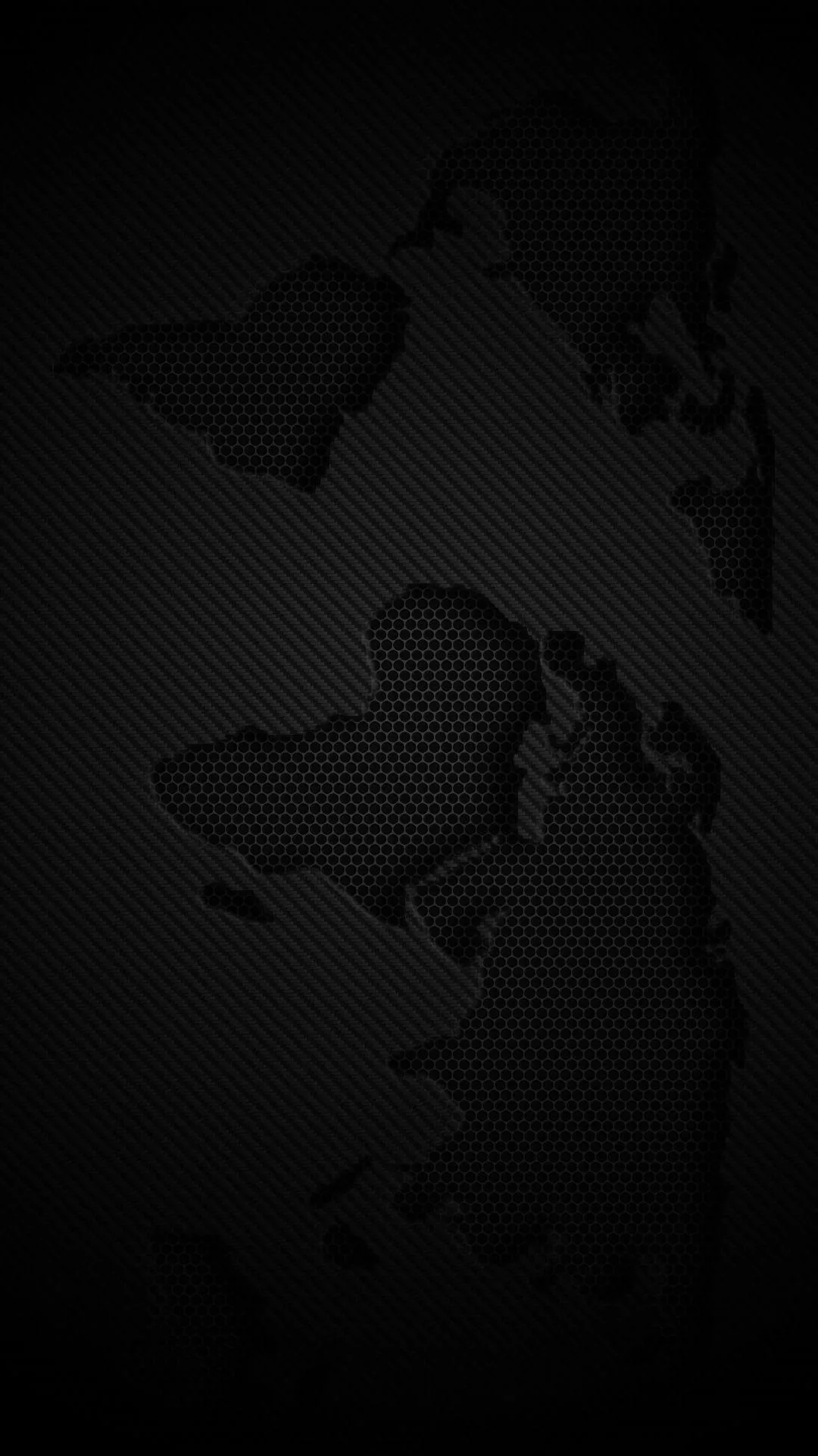 The continents are cut out of a fine dotted mesh, sitting flat black against the textured backdrop with the map centred for a phone screen.
