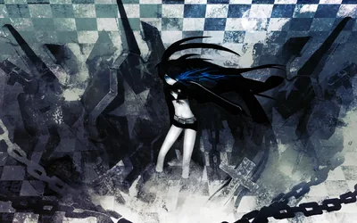 Grungy checkerboard sky and rusted debris surround her twin tails, a heavy chain dragging across the foreground toward the lower right.