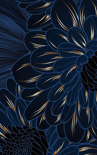 Large dark blue blooms fill the frame, each petal outlined in fine gold so the flowers read against the near-black background.