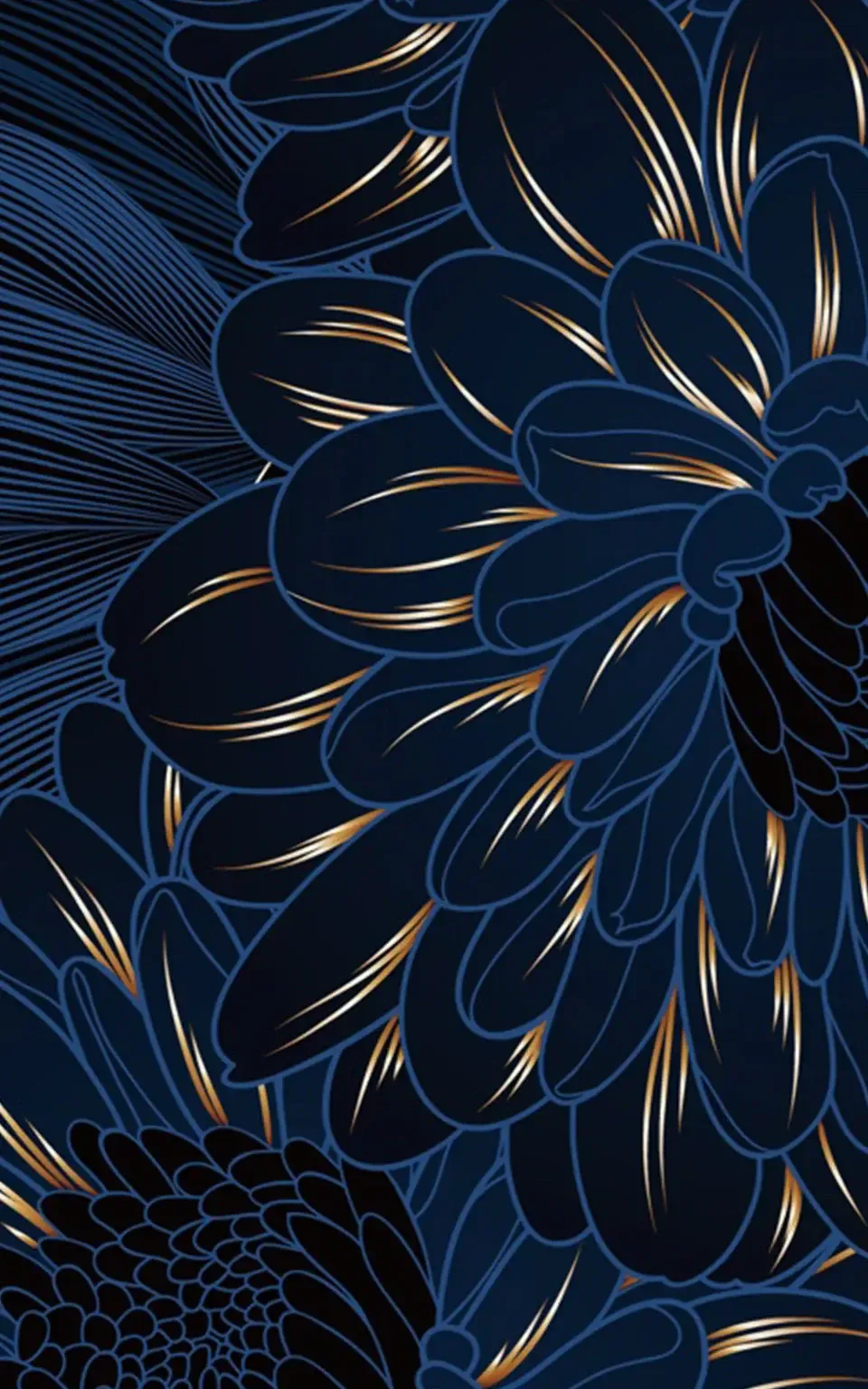 Large dark blue blooms fill the frame, each petal outlined in fine gold so the flowers read against the near-black background.