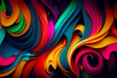 Layered paper-cut curls in orange, magenta, teal, and yellow scroll across a dark backdrop, each layer edged with shadow for a 3D relief look.