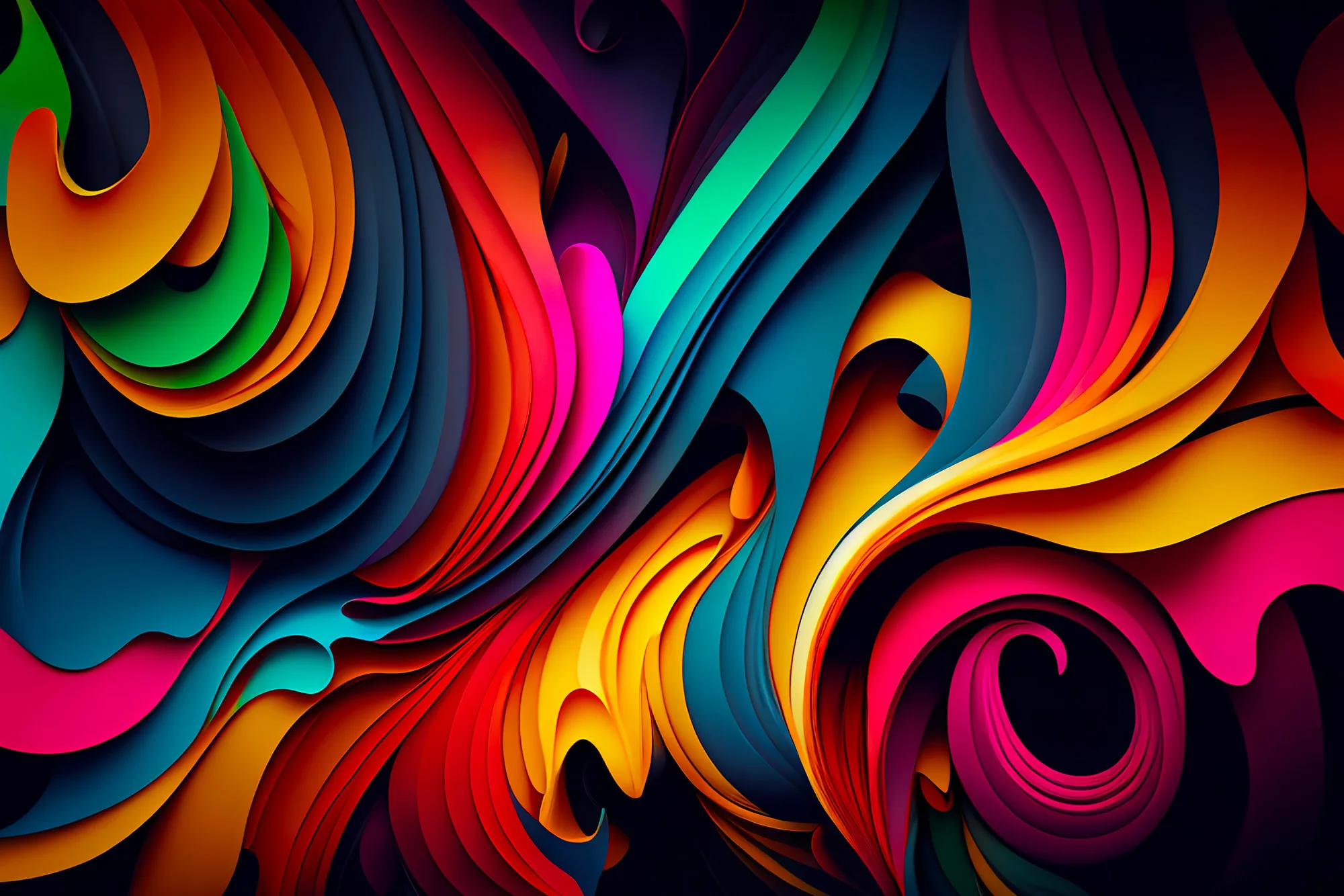 Layered paper-cut curls in orange, magenta, teal, and yellow scroll across a dark backdrop, each layer edged with shadow for a 3D relief look.