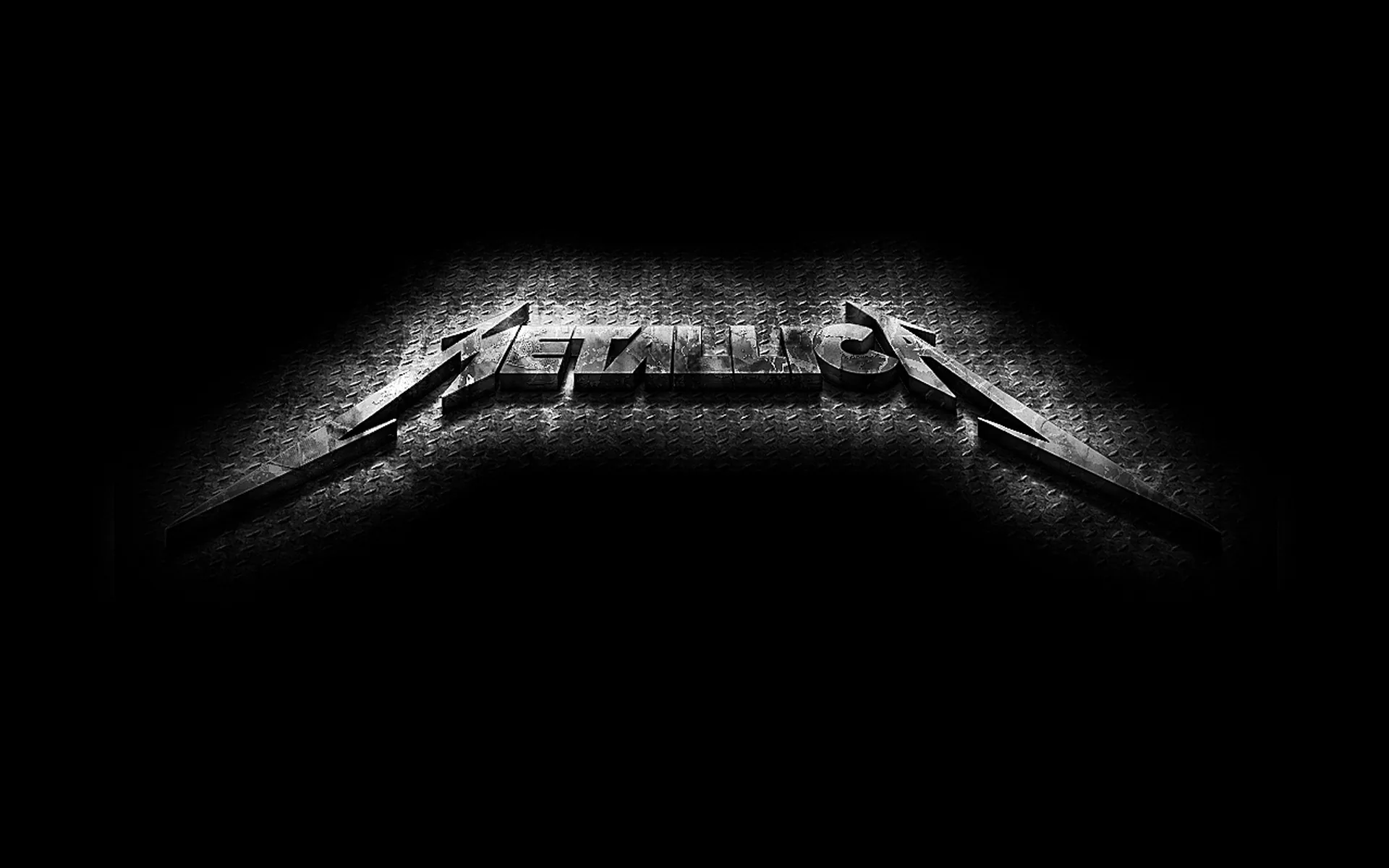 A jagged metallic wordmark sits at the centre of a scratched black field, lit hard from the front.