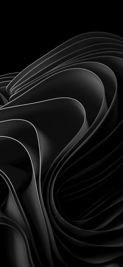 Layers of thin ribbon twist into a bloom near the centre and open out to the right, the whole thing rendered in monochrome black.