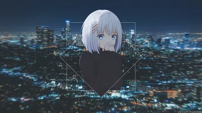 A pale-haired girl in a black hoodie sits inside a thin geometric frame while a blurred night skyline of blue and gold lights fills the background.
