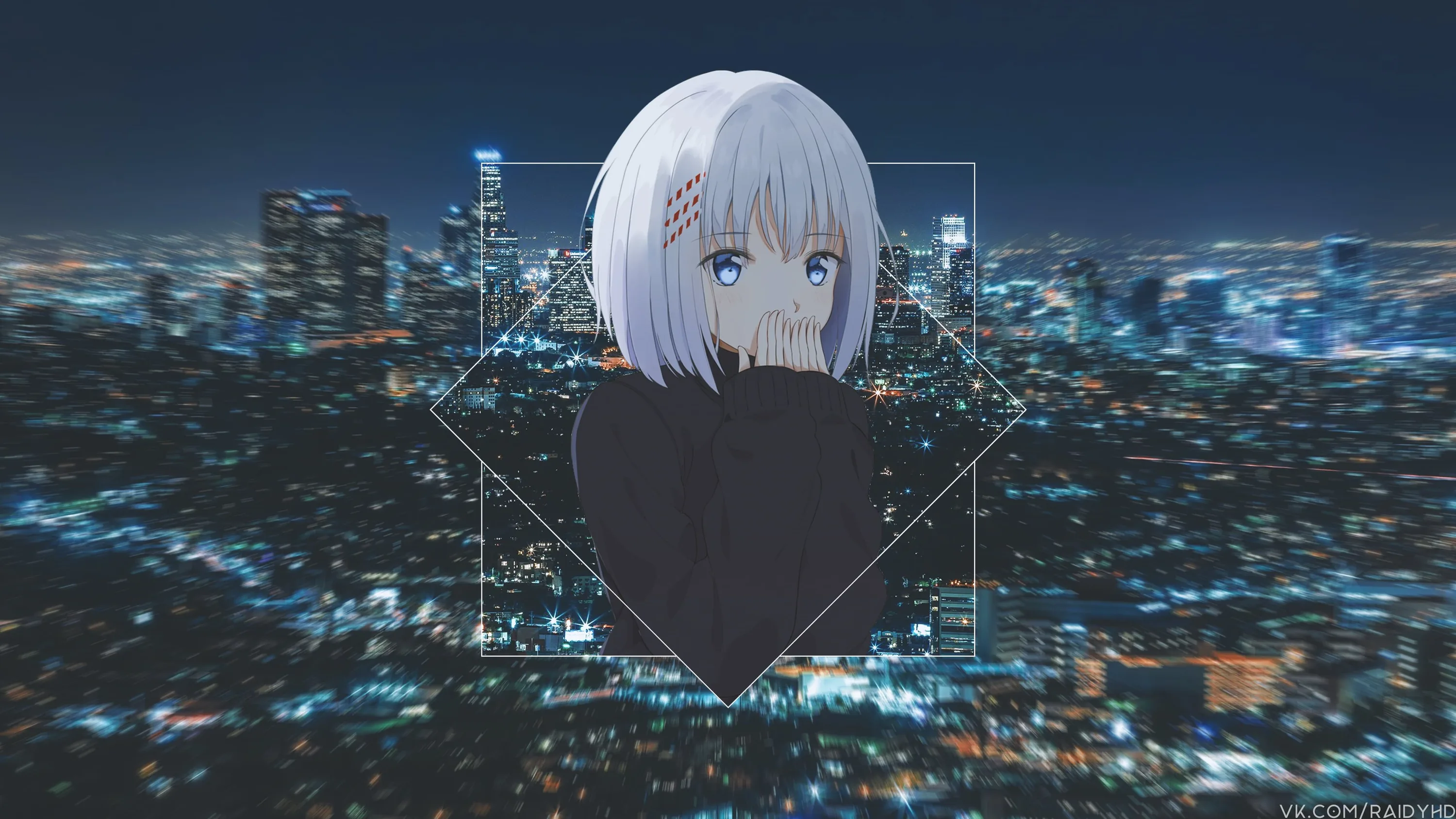 A pale-haired girl in a black hoodie sits inside a thin geometric frame while a blurred night skyline of blue and gold lights fills the background.