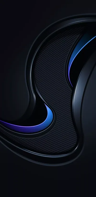 Polished black shapes curl over a dotted carbon texture, ribbons of cobalt light tracing their edges through the middle of the frame.