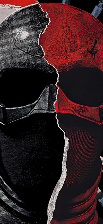 The two halves of a torn mask meet down a rough vertical tear, red mesh on one side and black fabric on the other.