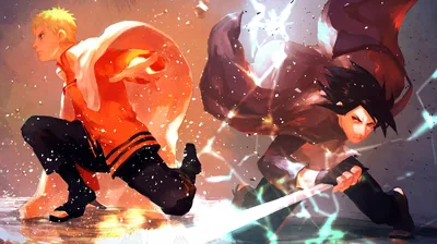 Hokage-era Naruto and Sasuke land in matching crouches amid crackling white lightning, painted in loose grey-orange strokes that stay soft behind desktop icons.