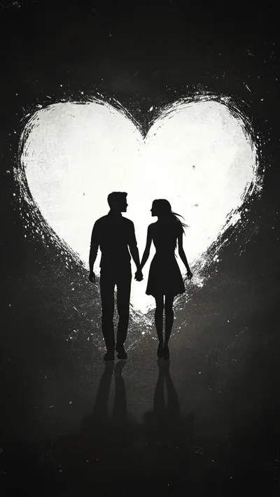 Two figures walk hand in hand toward a heart painted in rough white light, their reflection stretching along the wet floor.