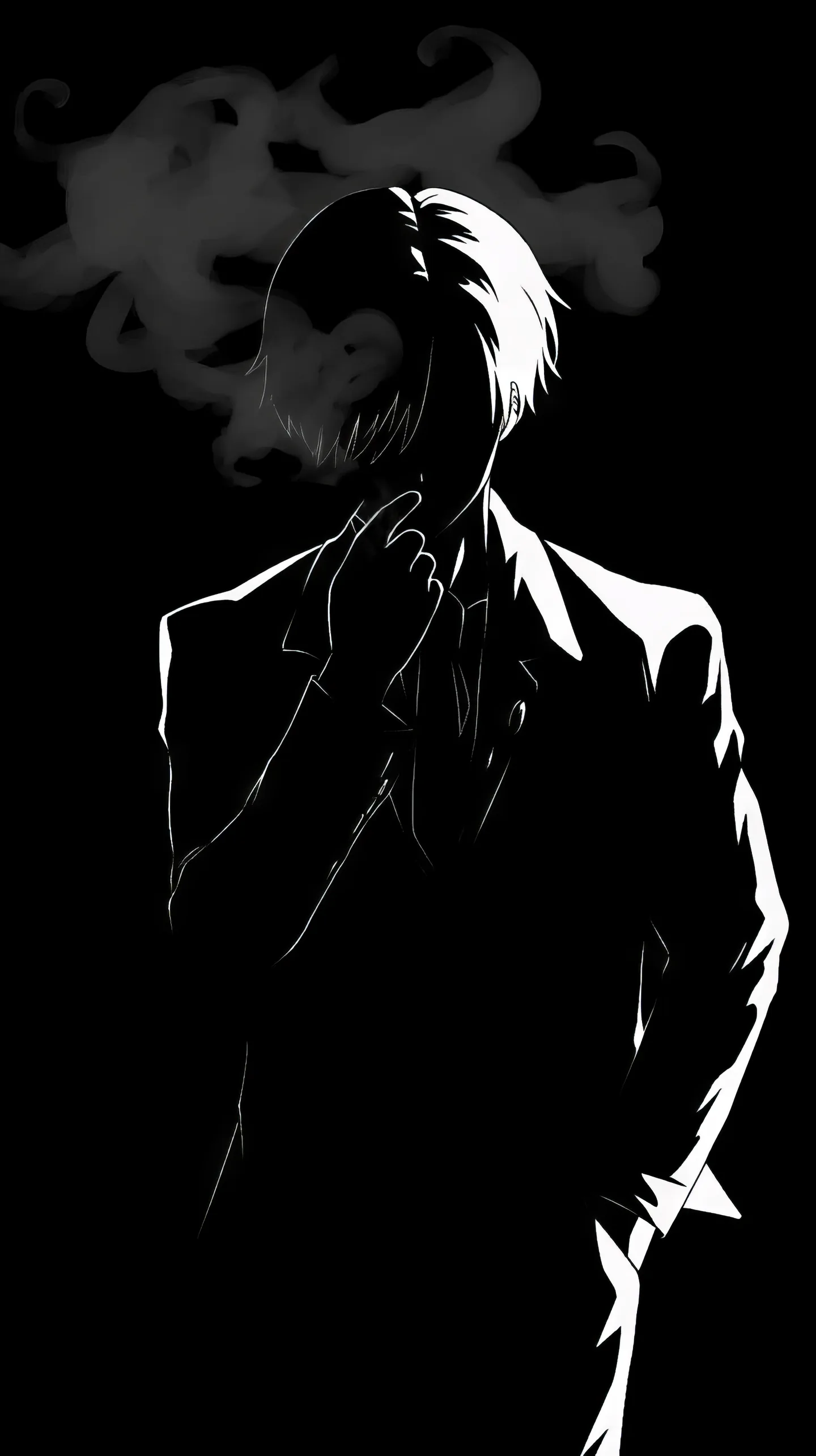 Cigarette smoke curls up the left side of a tall black frame while a suited figure is carved out in pure white highlights.