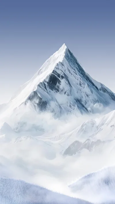 A watercolour-style snow pyramid fades into pale mist, the plain blue-grey gradient at the top leaving space for a phone clock.