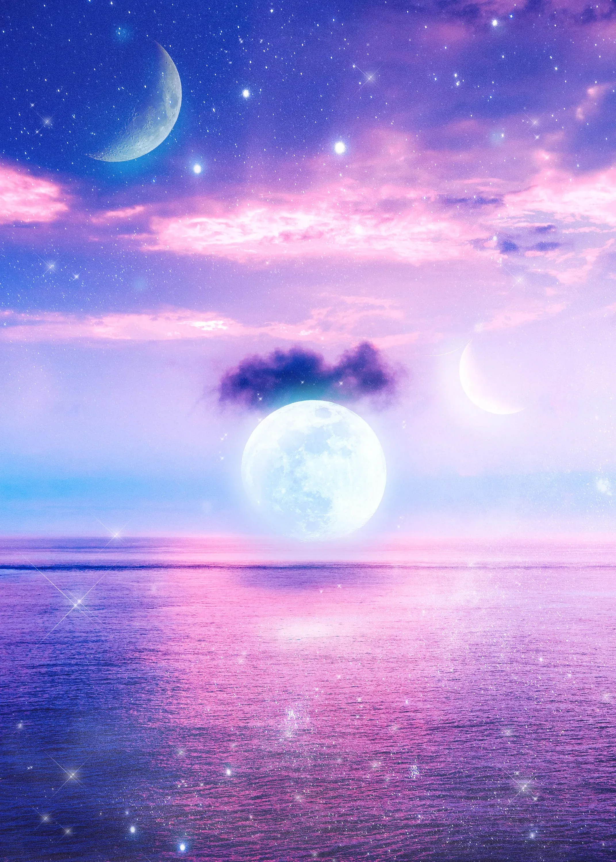 Digital fantasy scene of a large glowing moon and two faint crescents above a sparkling pink sea, the calm water keeping the lower half uncluttered.