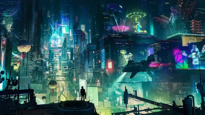 A tiny figure stands on a ledge facing an endless stack of lit towers, holograms drifting between them, with only the bottom strip left in shadow.