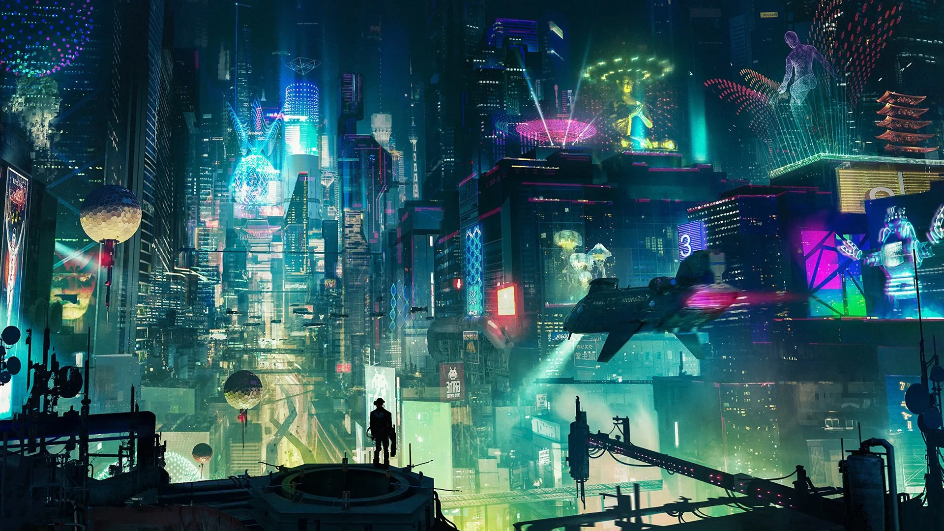 A tiny figure stands on a ledge facing an endless stack of lit towers, holograms drifting between them, with only the bottom strip left in shadow.