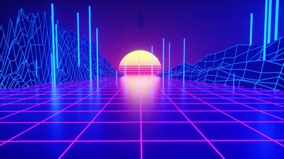 A magenta grid runs to a half-set sun on the horizon, wireframe hills rising on both sides and vertical blue beams standing along the road.