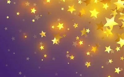 Three-dimensional gold stars tumble down the right side of a violet gradient, the lower left kept clear where a clock could sit.