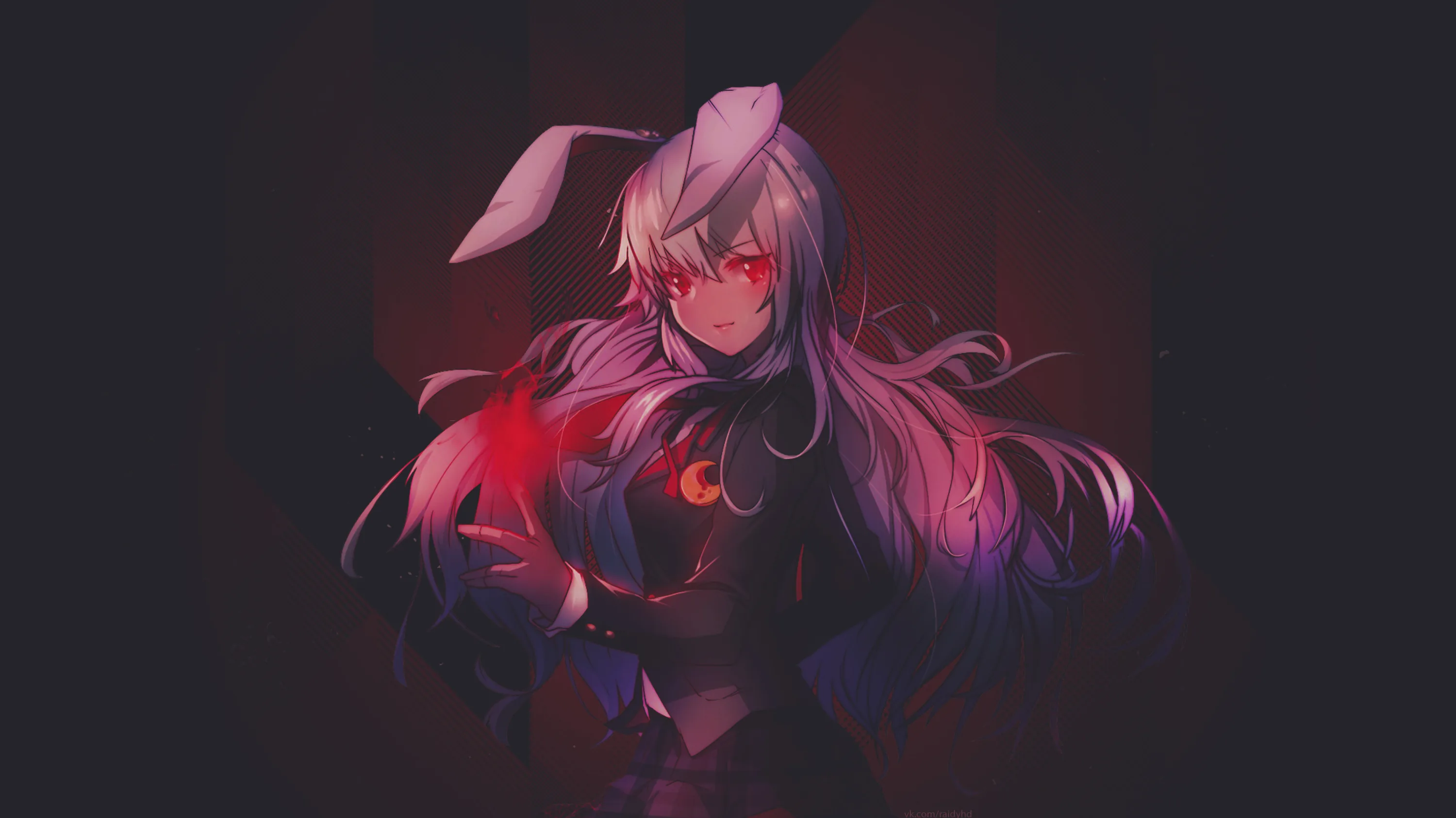 Long silver hair spills over a black coat as she cradles a red glow at her chest, the surrounding room fading to burgundy shadow.
