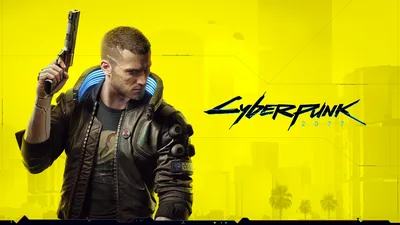 The male merc raises a pistol beside the black game logo on a flat yellow ground, palm trees sketched faintly along the right edge.