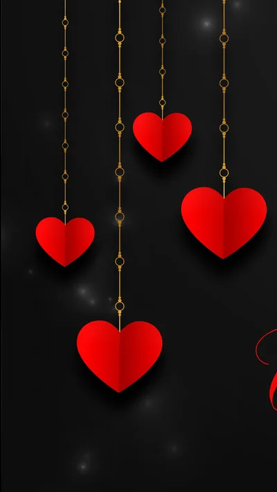 Four folded red hearts hang at different heights from beaded gold chains, small light flares dotting the black background between them.