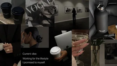 Coffee cups, a fashion magazine and a laptop tile the grid in soft grey, one cell reading Working for the Lifestyle I Promised to Myself.