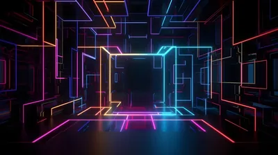 Thin lines of pink, cyan and orange trace the edges of a black room and a floating cube at its centre, leaving large flat-black areas for icons.