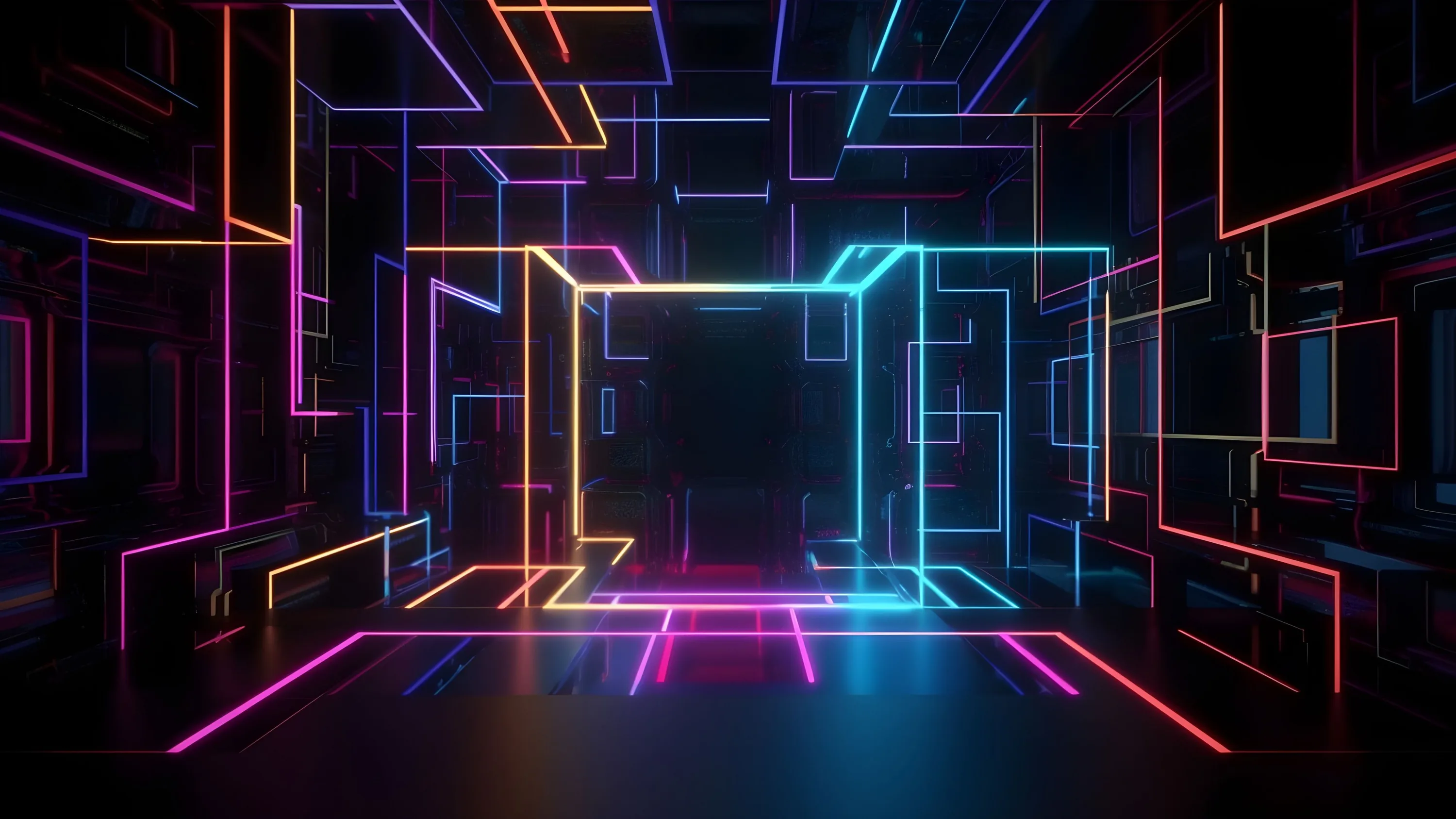 Coloured neon lines outline a corridor receding to the centre, doubling on the polished floor below.
