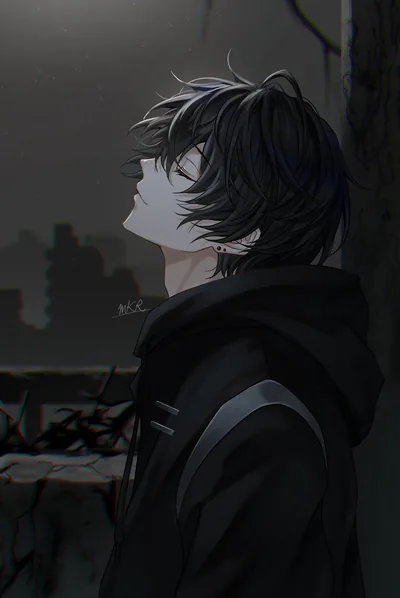 An anime boy in profile with messy black hair and a hoodie, a grey ruined skyline blurred out behind his shoulder.