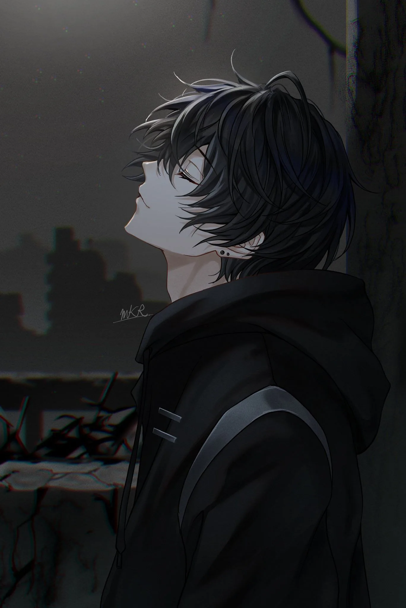An anime boy in profile with messy black hair and a hoodie, a grey ruined skyline blurred out behind his shoulder.