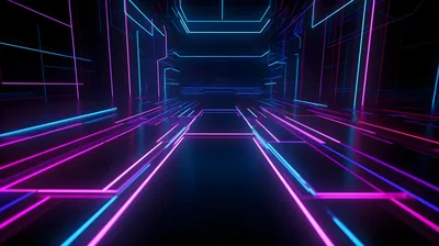 Pink and cyan strips run down the floor and walls of a dark 3D hall, all lines converging on a black doorway at the centre.