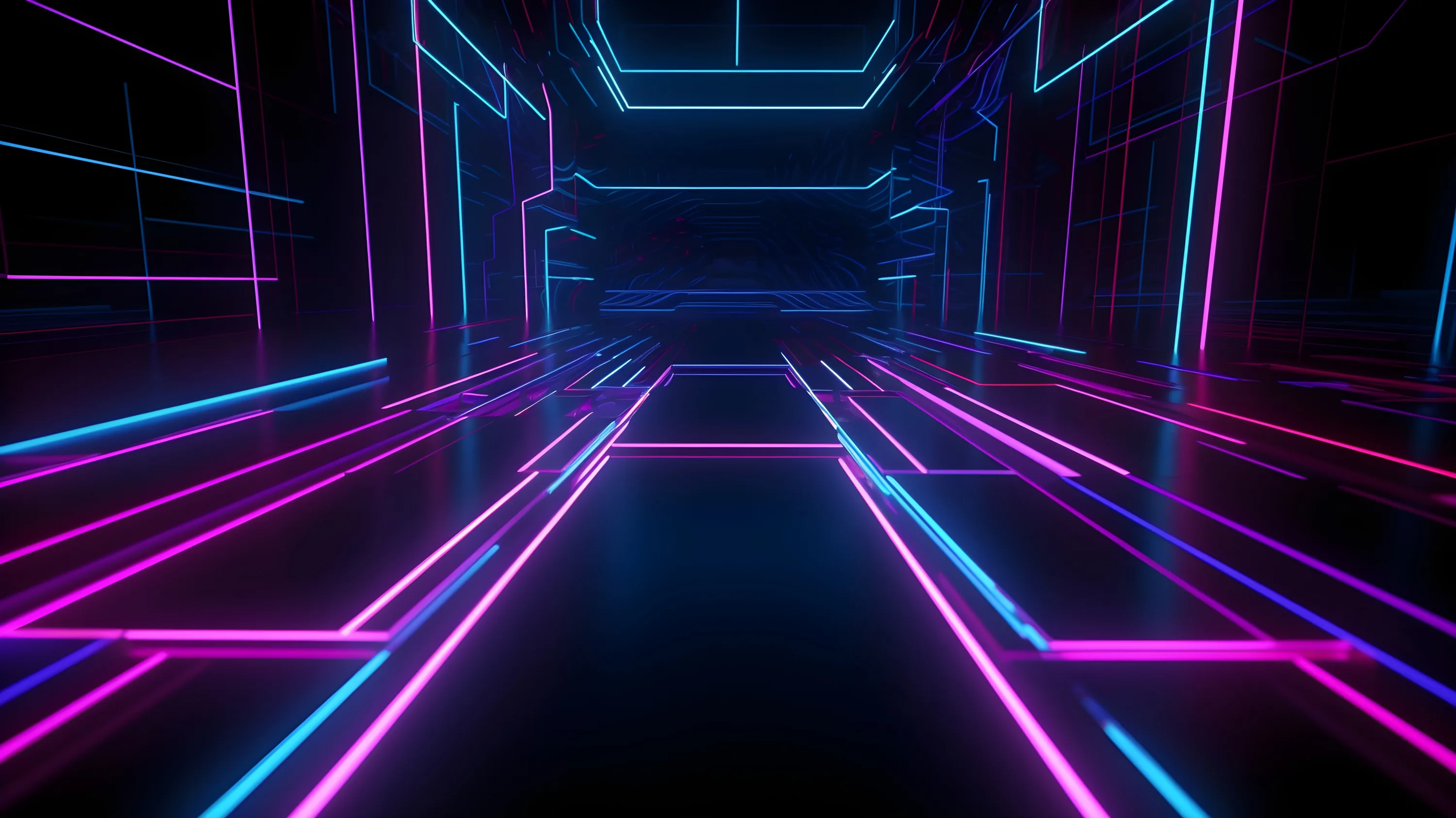 Pink and cyan strips run down the floor and walls of a dark 3D hall, all lines converging on a black doorway at the centre.