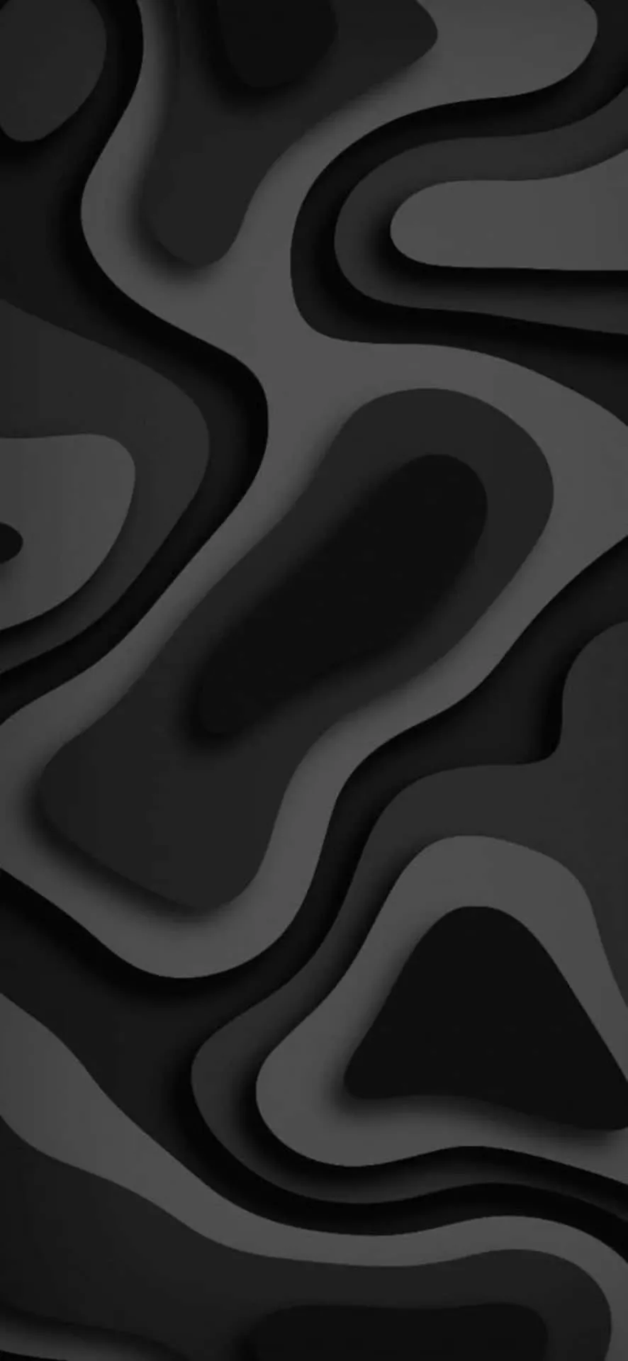 Contour-like shapes stack in charcoal and black, each layer casting a soft edge over the next in a repeating map-style pattern.