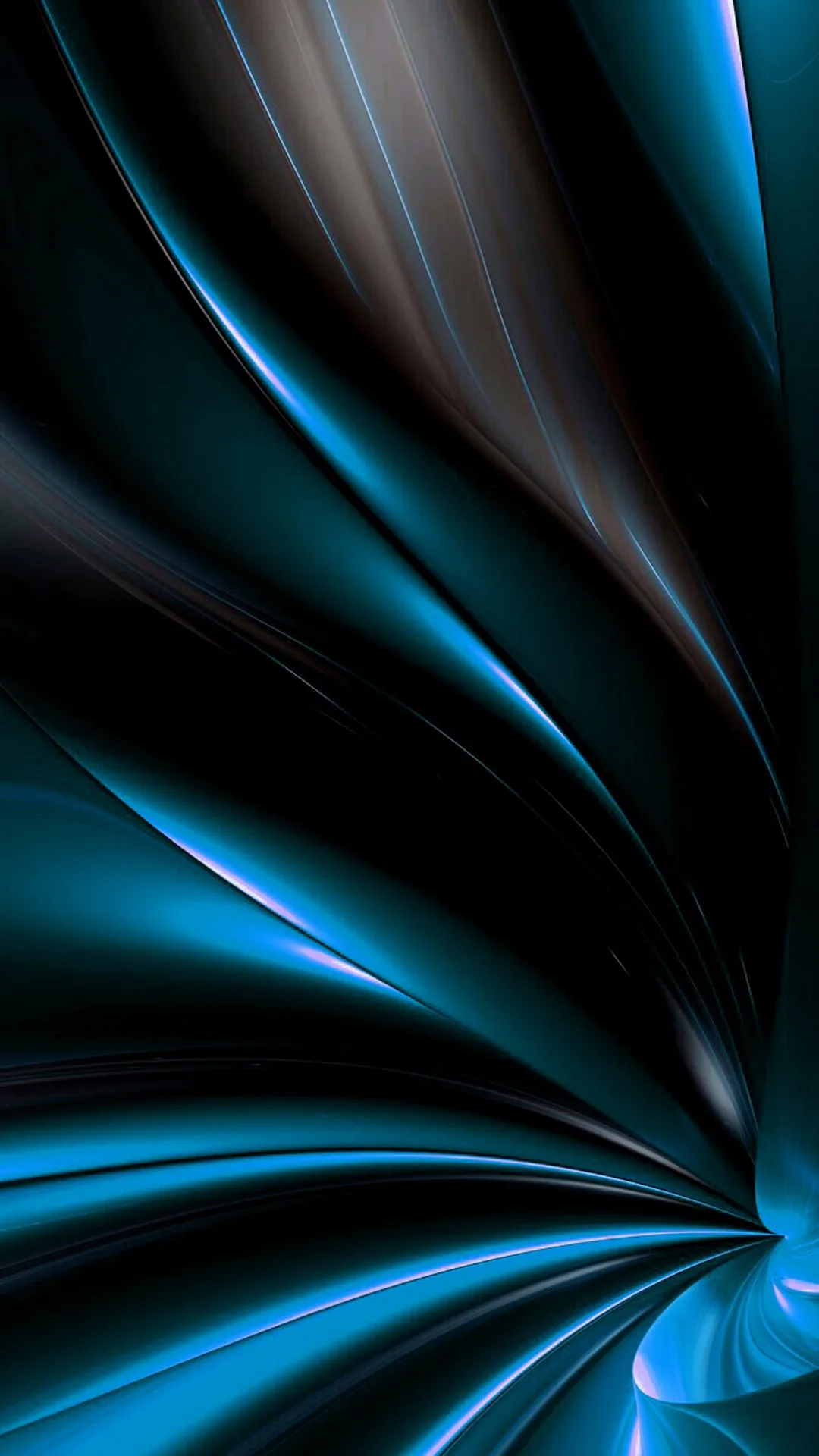 Curved blades of teal and steel-blue light open outward from a point at the bottom of the frame, the upper corners left in shadow.