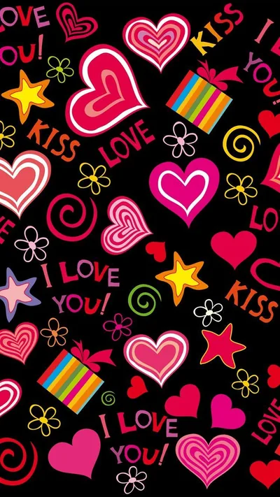 Hearts, stars, gift boxes and Kiss and I Love You lettering in bright sticker style, packed edge to edge on black.