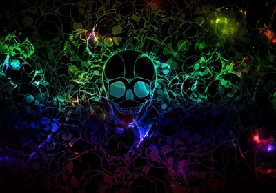A large skull outline sits in a tangled bed of smaller skulls, the drawing lit from behind in green, purple and red across a black ground.