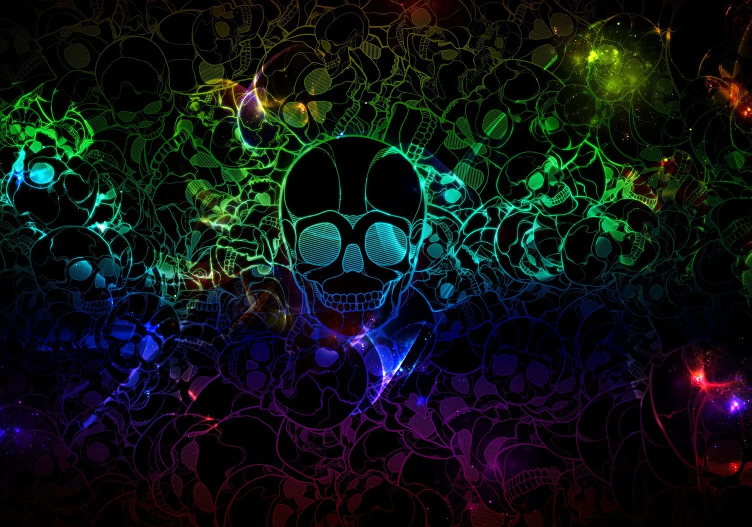 A large skull outline sits in a tangled bed of smaller skulls, the drawing lit from behind in green, purple and red across a black ground.