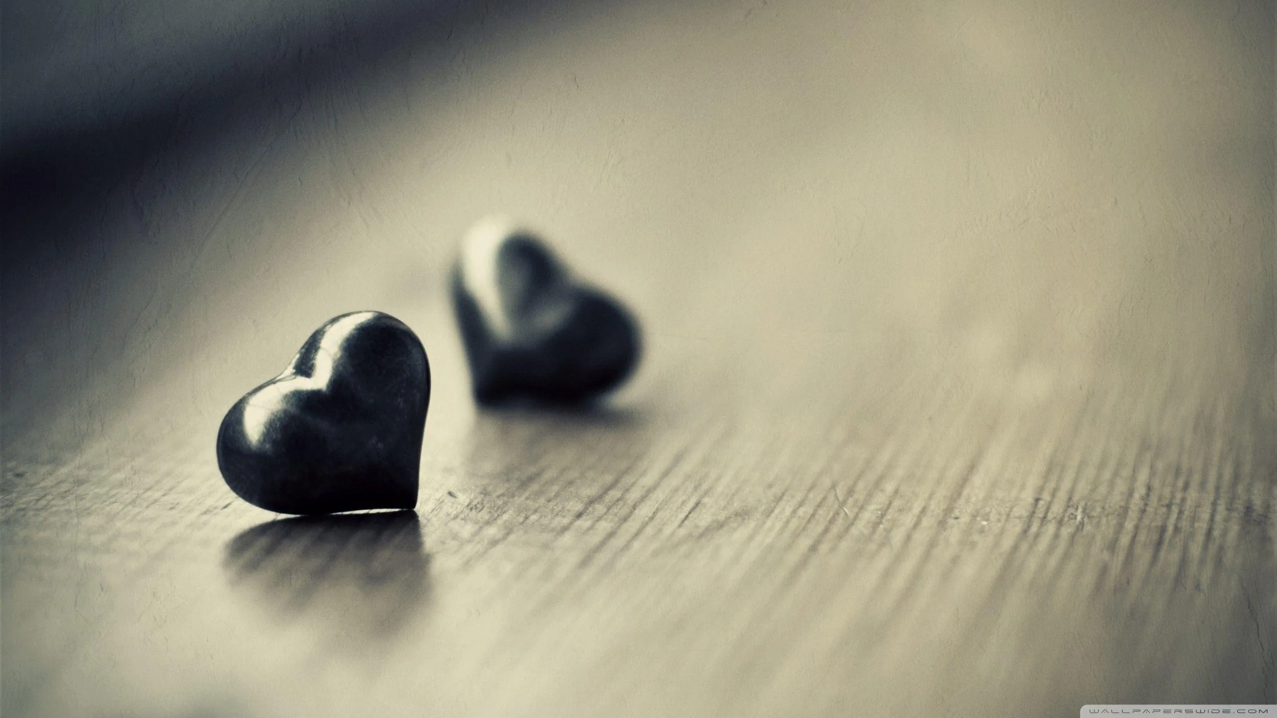 A pair of small dark hearts rest on bare wood, the front one sharp and the second blurred into a desaturated background.