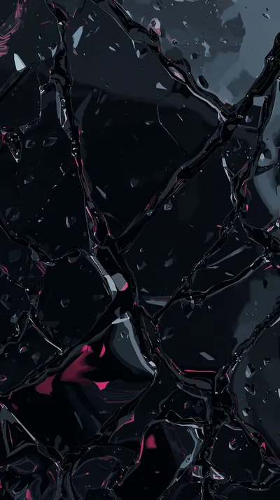 A sheet of dark glass has shattered into wide plates, magenta light leaking up through the cracks in the lower half of the tall frame.