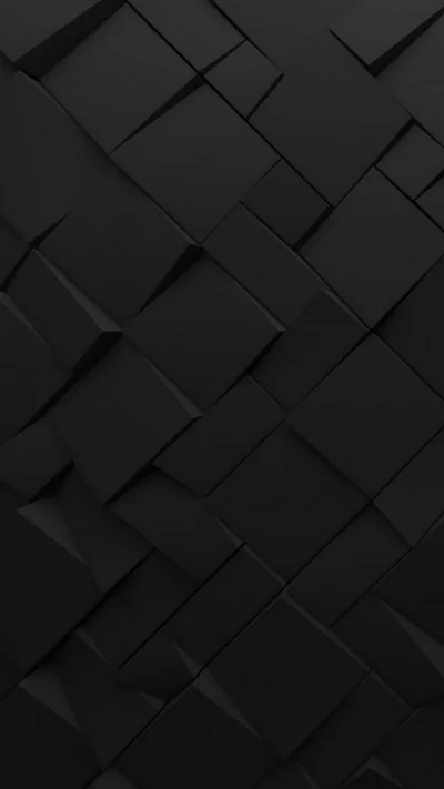 Overlapping square tiles tilt across a tall frame in matte black, each one separated only by the shadow along its raised edge.
