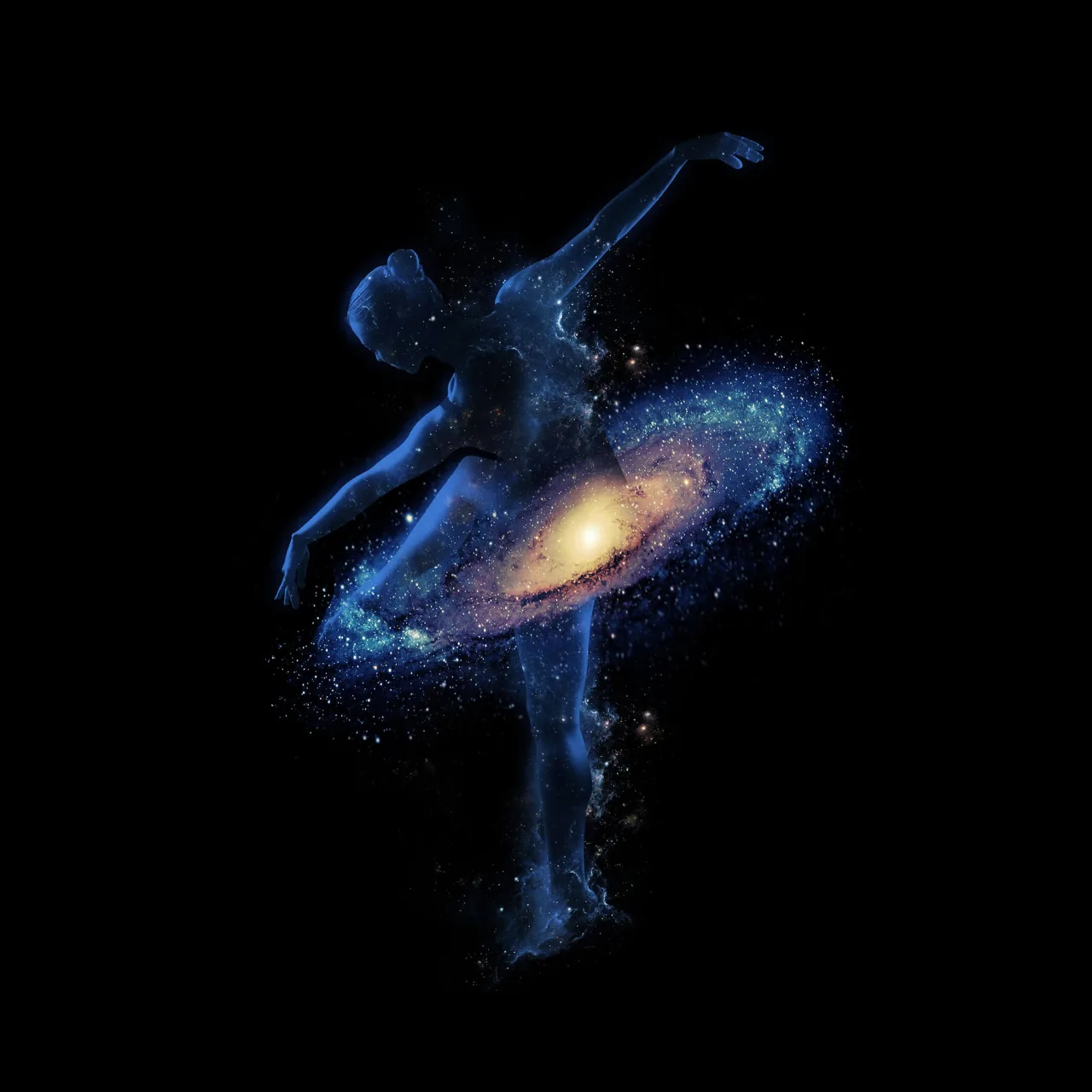 A dancer poses on point against solid black, her body drawn from blue star dust with a spiral galaxy turning where her skirt would be.