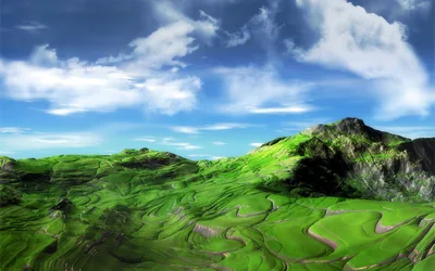 A CGI landscape of swirling terraced hills in saturated green rolls toward distant peaks, big white clouds filling a deep blue sky above.