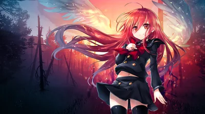 A red-haired girl in a black school uniform stands in a scorched twilight forest, her long hair streaming sideways as embers drift past bare power poles.