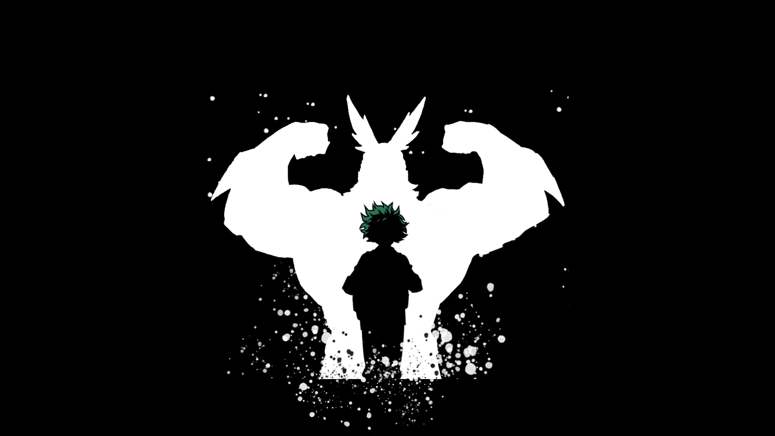 A tiny figure stands at the bottom while a huge muscled shadow with pointed ears looms above him, painted in white splatter on black.