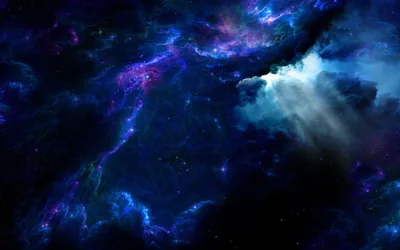 Layers of blue and magenta gas drift across a star-scattered sky, a paler cloud breaking open on the right side of the frame.