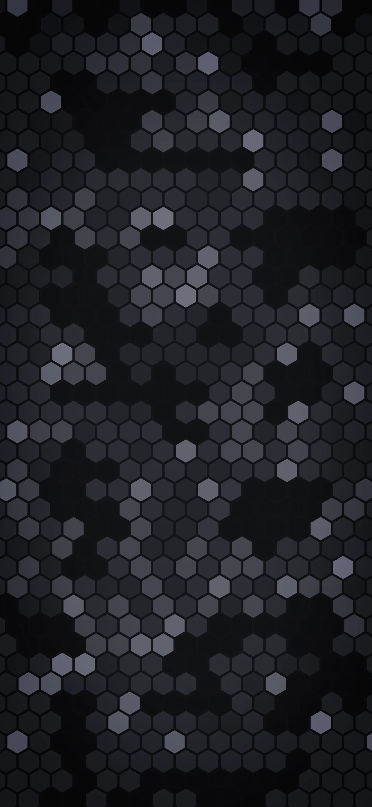 Small hexagons cluster and thin out across a black field, some lit pale grey and others almost invisible.