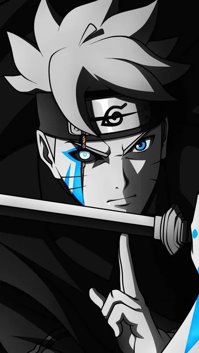 Boruto glances back with a katana across his shoulders, drawn in greyscale except for one blue eye and the lightning-blue mark down his cheek.