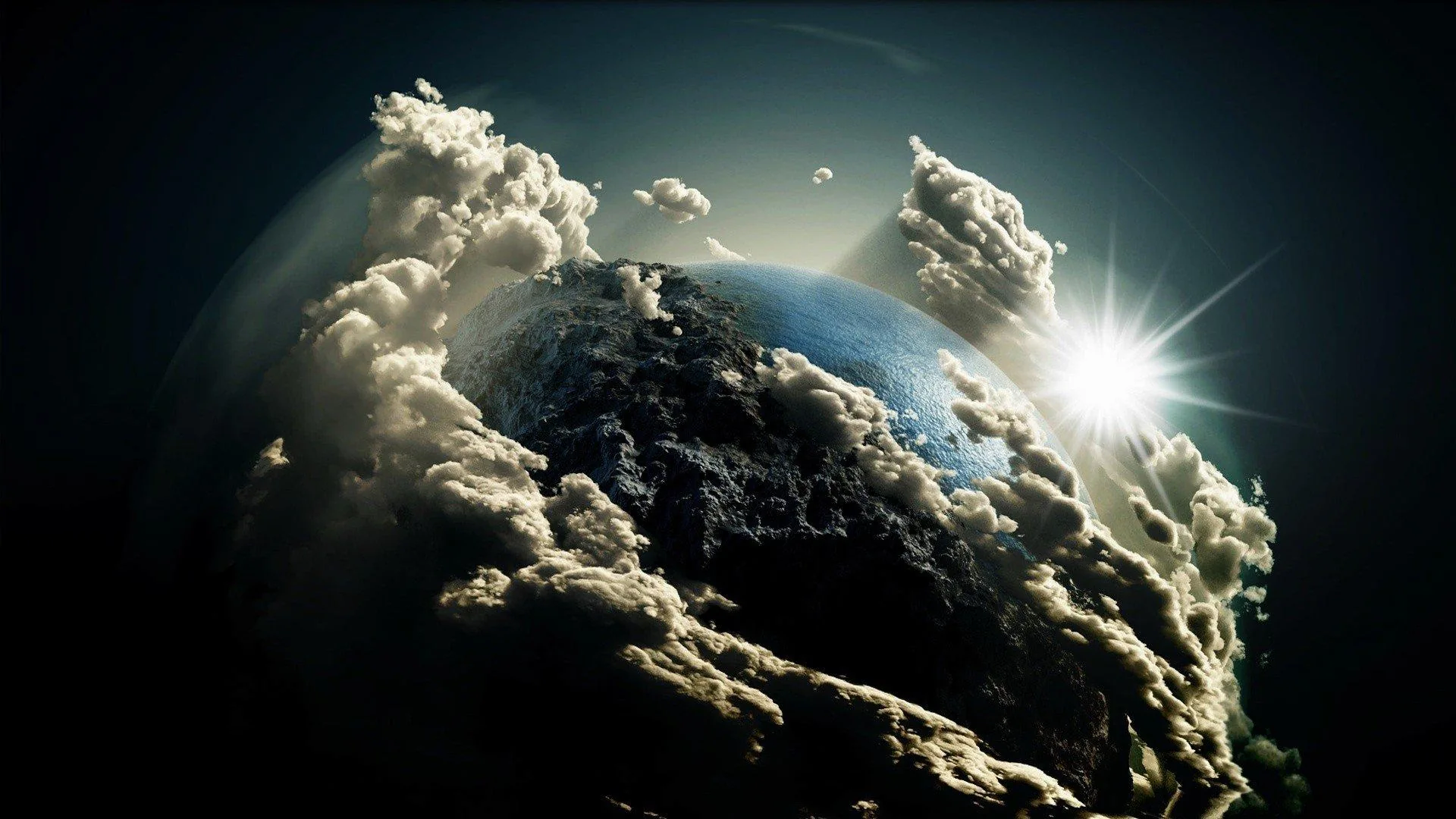 Sunlit thunderheads climb around the planet's curve like mountain ranges while a star flare breaks at the right edge, the corners falling off into black.