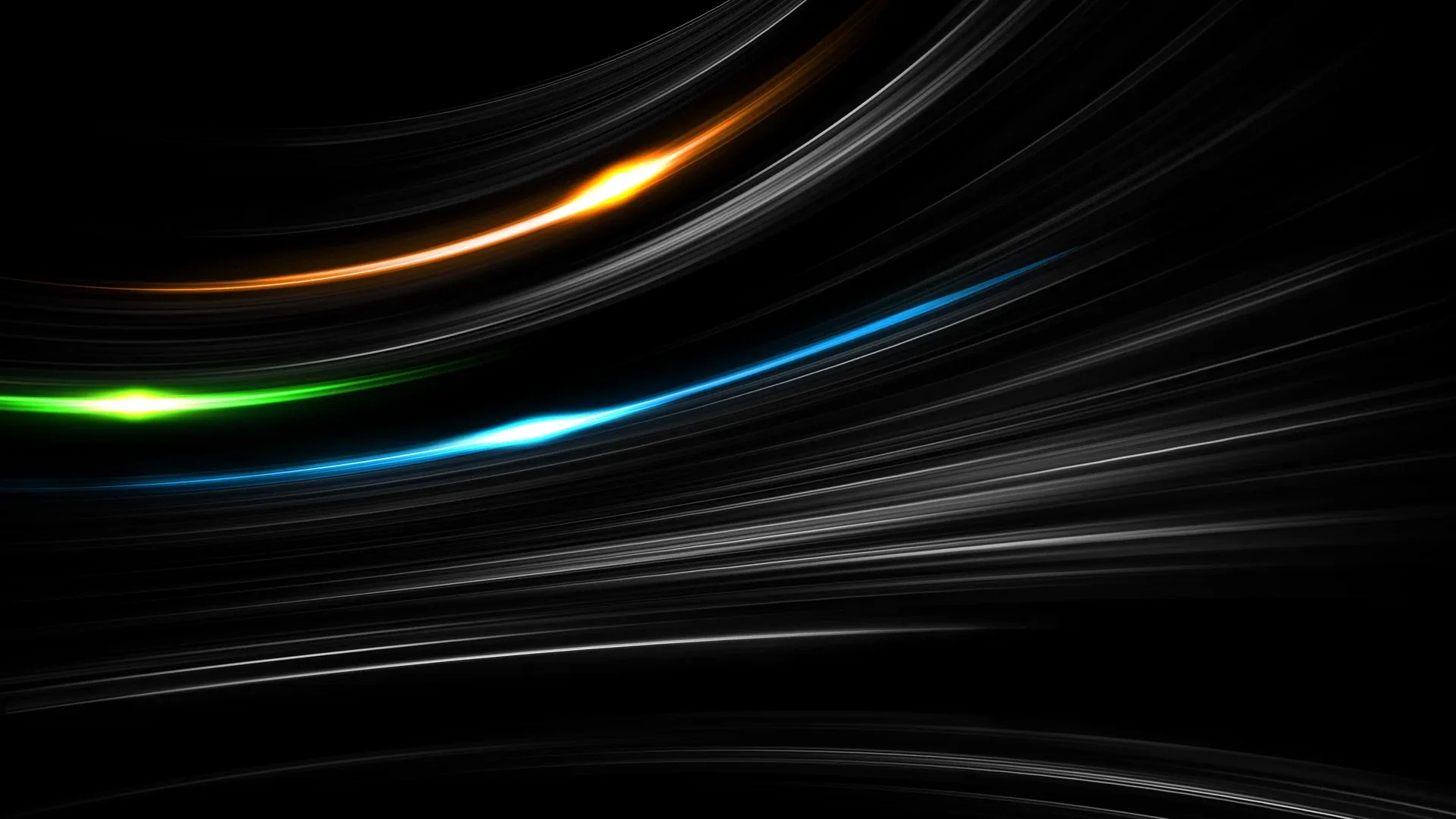 Long curved strands of light sweep left to right across dark satin, one glowing orange, one green, one cold blue.