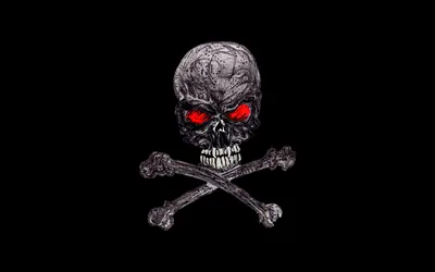 A stone-textured skull with deep red eye sockets sits above two crossed bones, centred on black with a lot of clear space around it.