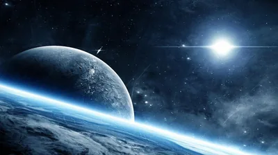 A white sun flares at the upper right while a large moon shadows the blue-rimmed planet below, the top left corner staying dark for a clock.